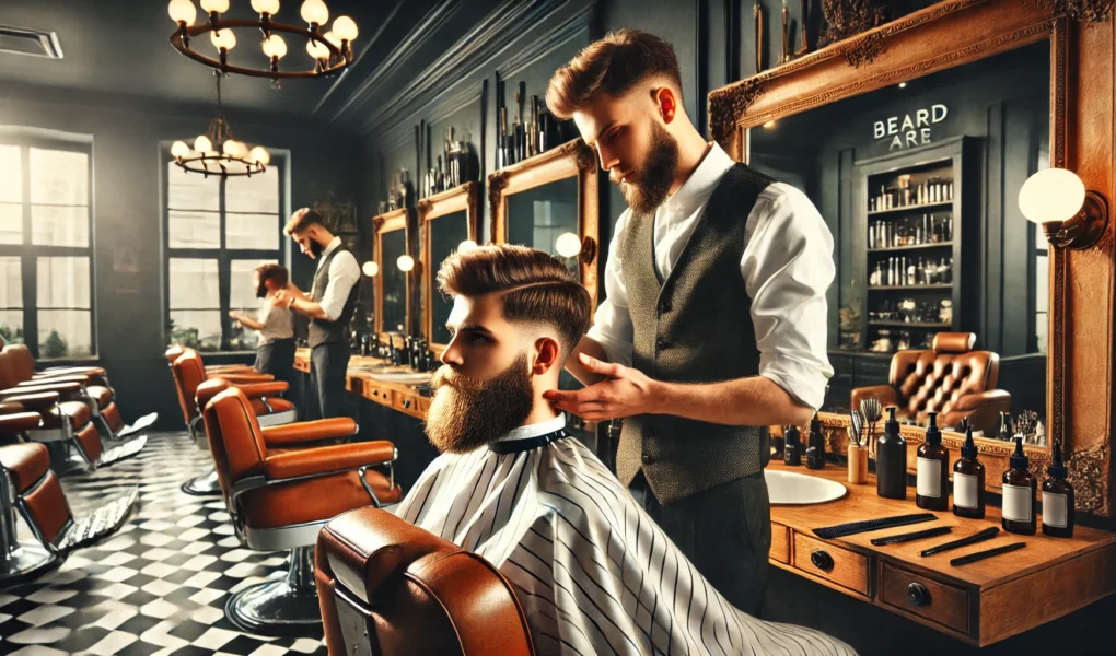 eleganckie wnętrze barbershopu z barberem pielęgnującym brodę