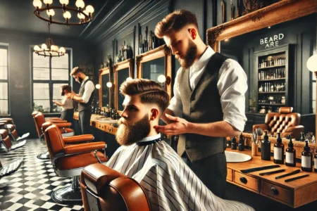 eleganckie wnętrze barbershopu z barberem pielęgnującym brodę