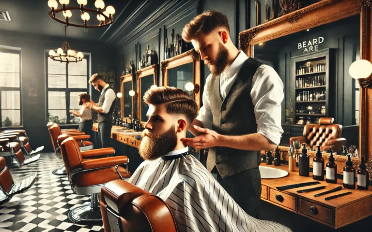 eleganckie wnętrze barbershopu z barberem pielęgnującym brodę