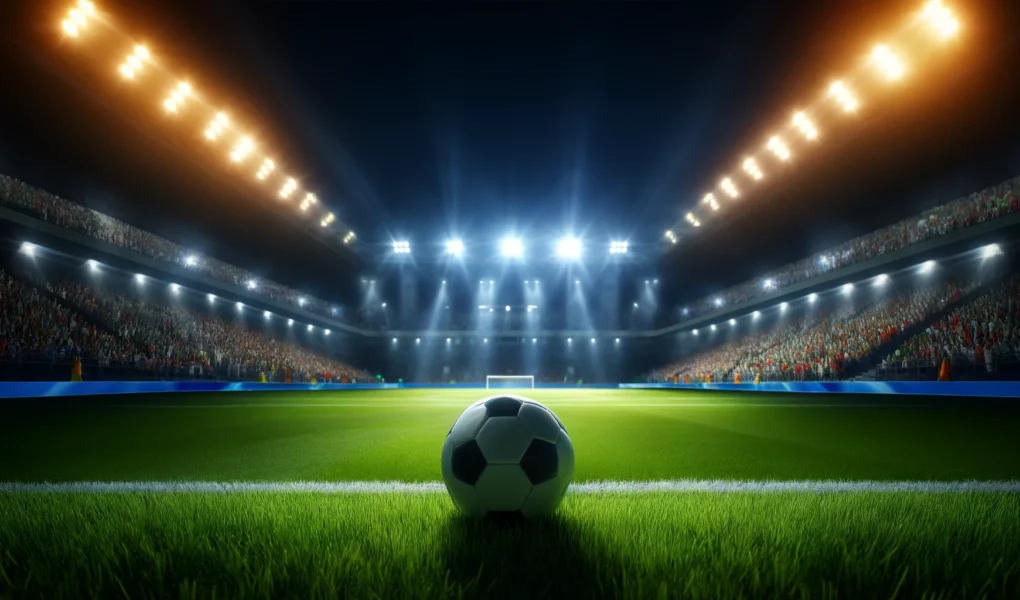 A football stadium during an evening match, brightly lit by stadium lights, with fans in the stands and a football placed on the green field, capturing the energy and excitement of the sport