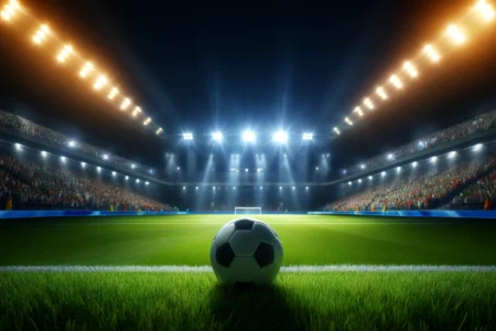 A football stadium during an evening match, brightly lit by stadium lights, with fans in the stands and a football placed on the green field, capturing the energy and excitement of the sport