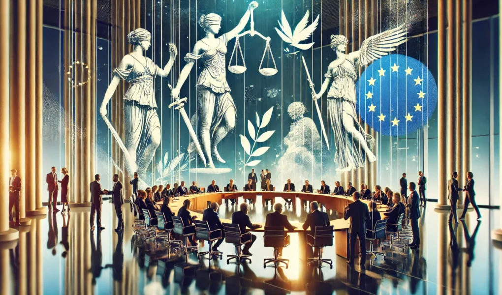 A modern meeting room with diverse individuals symbolizing political leaders engaged in a debate, surrounded by abstract elements like scales for justice, olive branches for peace, and strong pillars representing governance, reflecting the dynamic political landscape of Europe in 2025.