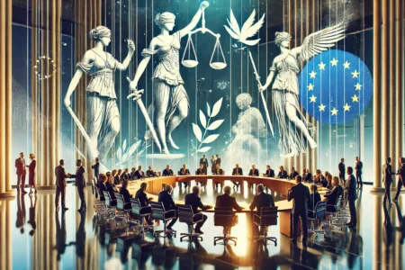 A modern meeting room with diverse individuals symbolizing political leaders engaged in a debate, surrounded by abstract elements like scales for justice, olive branches for peace, and strong pillars representing governance, reflecting the dynamic political landscape of Europe in 2025.